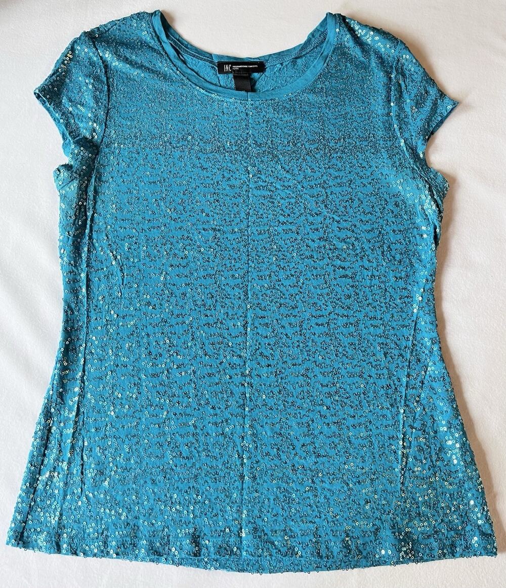 Inc International Concepts Petite Teal Sequined Tee Shirt, Pm